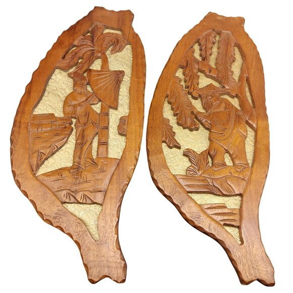 Vintage Hand Carved Wood Wall Panels Pair Leaf Shaped Asian Inspired Wall Art - Picture 1 of 7